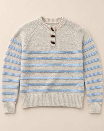 Women's Striped Wool Sweater – Henley Button-Neck Knit Pullover