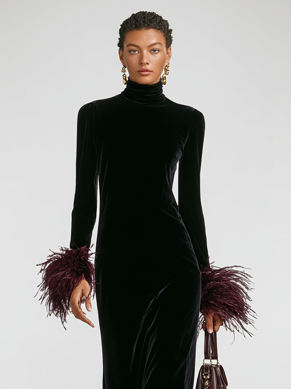Women's Minimalist Velvet Patchwork Faux Ostrich Feather Cuffs And Hem Maxi Dress