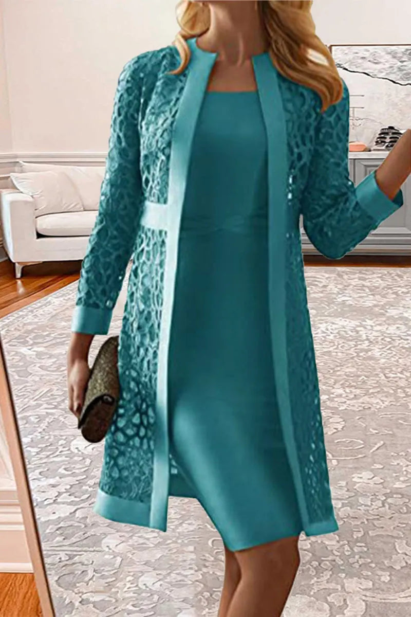 Champagne Elegant Solid Lace Hollowed Out Long Sleeve Two Pieces Dress(8 Colors)