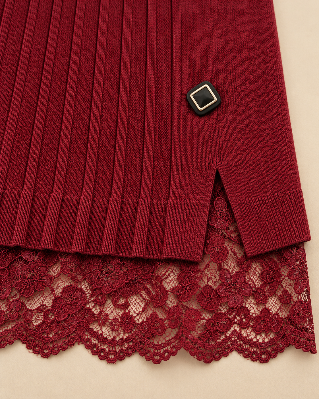 Women's Ribbed Wool Sweater Dress – Cutout Neck Lace Hem Midi Dress