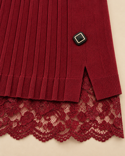 Women's Ribbed Wool Sweater Dress – Cutout Neck Lace Hem Midi Dress