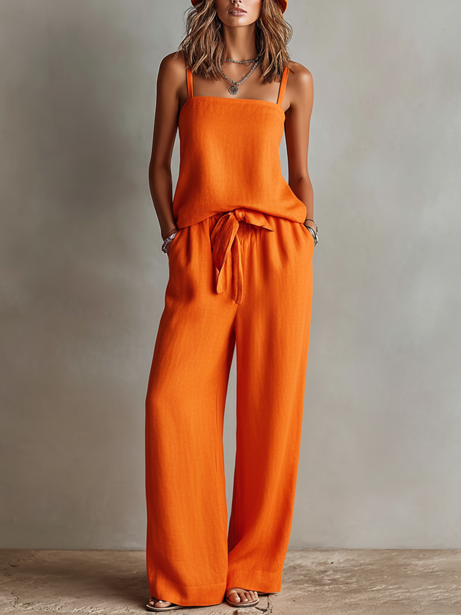 Women's Orange Linen Two-Piece Set With Square Neck Cami Top & Tie-Waist Wide-Leg Pants, Timeless Boho-Resort Style Set