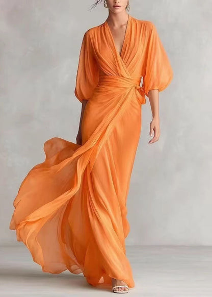 Fine White V Neck Chiffon Maxi Dresses Lantern Sleeve