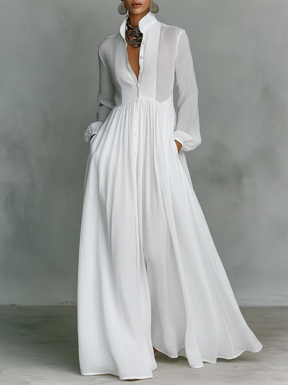 Women's Minimalist Cotton And Linen Patchwork Single-breasted Stand-up Collar Long-sleeved Maxi Dress