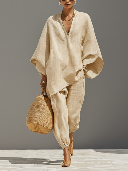 Women's Neutral Linen Set With Asymmetric Hem & Minimalist Design, Sophisticated Daily-Casual Style Set