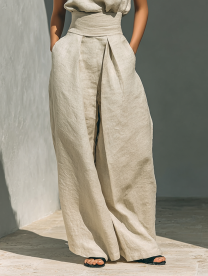Women's Minimalist Cotton And Linen Blend Sleeveless Blouse And Wide-leg Pants Set