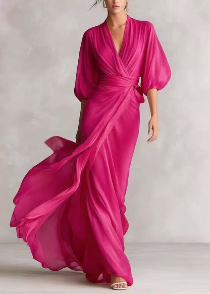 Fine White V Neck Chiffon Maxi Dresses Lantern Sleeve