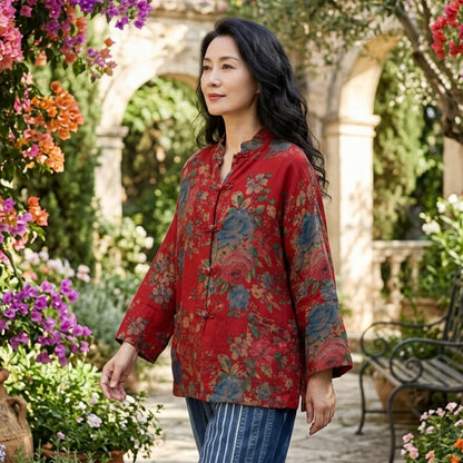 Chinese Style Red Print Pockets Button Patchwork Cotton Coats Long Sleeve