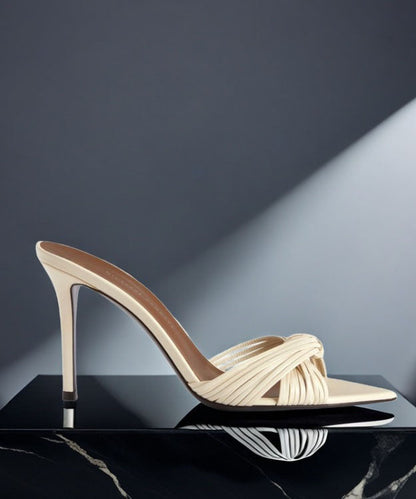Apricot Faux Leather High Heel Slide Sandals Pointed Toe Peep Toe