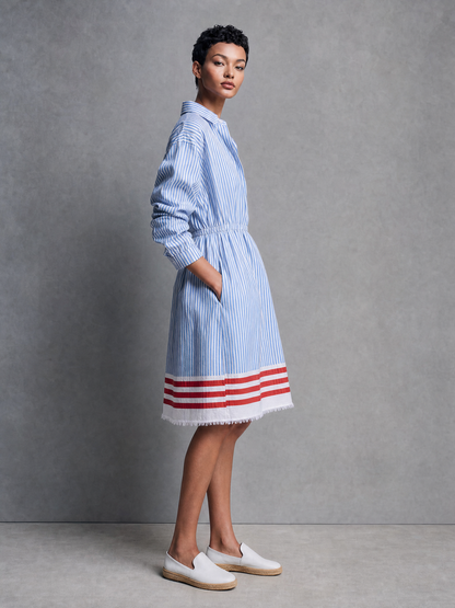 Women's Minimalist Striped Single-Breasted Long-Sleeve Midi Dress With Elastic Waist And Raw Hem