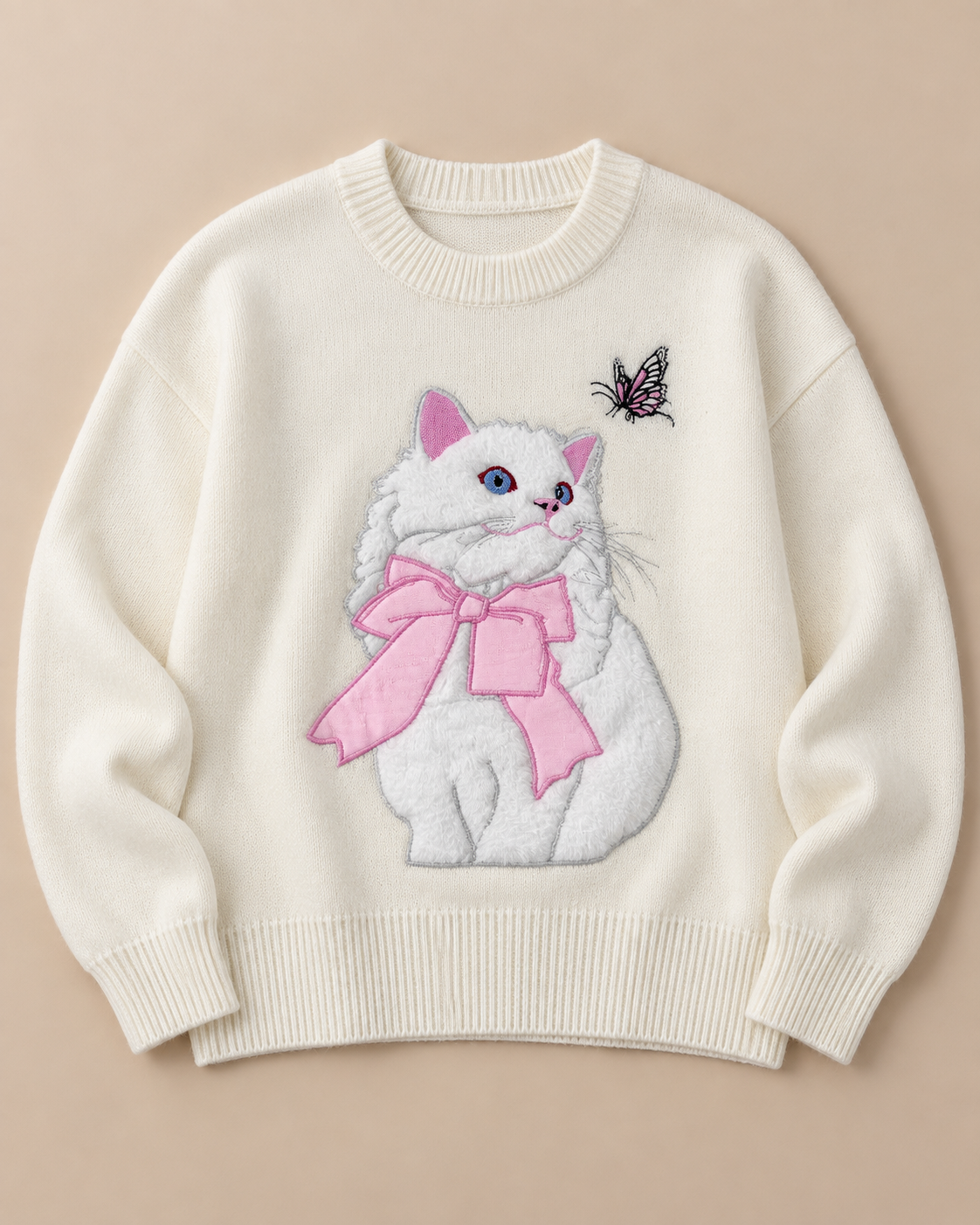 Women's Cat Wool Sweater – Crewneck Long Sleeve Knit Pullover