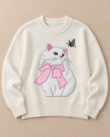 Women's Cat Wool Sweater – Crewneck Long Sleeve Knit Pullover