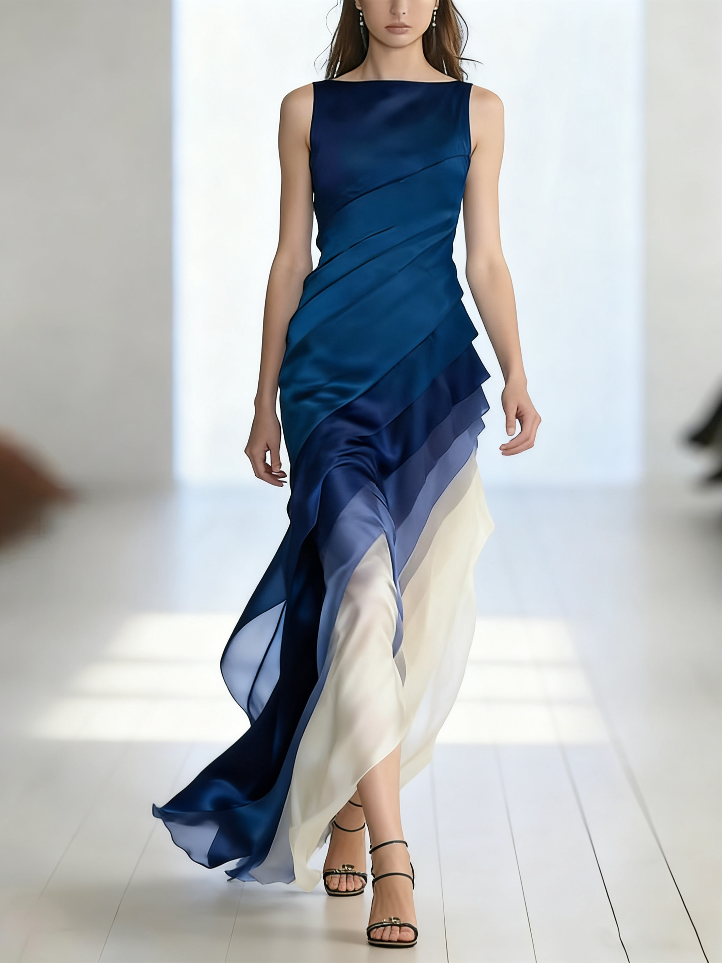 French Blue High Waist Patchwork Tulle Maxi Dresses Sleeveless