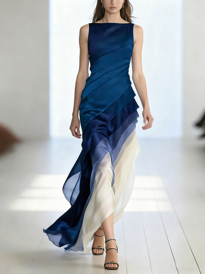 French Blue High Waist Patchwork Tulle Maxi Dresses Sleeveless