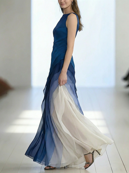 French Blue High Waist Patchwork Tulle Maxi Dresses Sleeveless