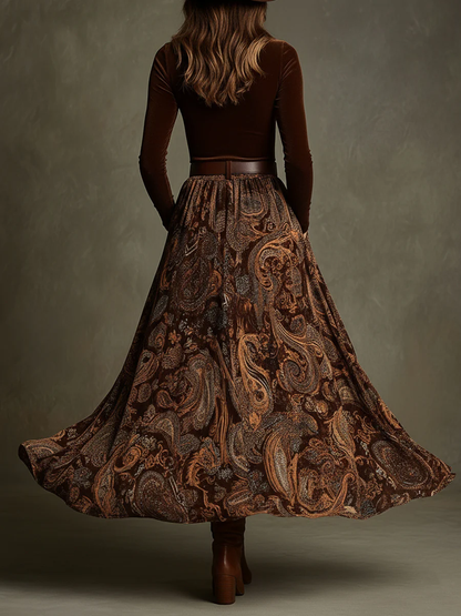 Vintage Stretch Velvet Top and Paisley Print Maxi Skirt Set