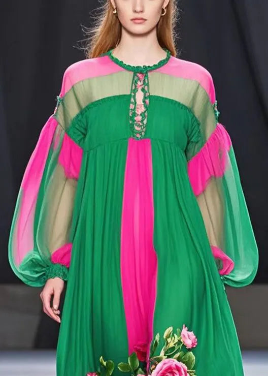 Classy Colorblock Oversized Patchwork Flower Chiffon Dress Fall