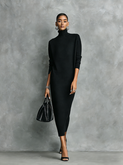 Women's Elegant Black Knitted Turtleneck Long-sleeved Loose-fitting  Midi Dress With No Pockets