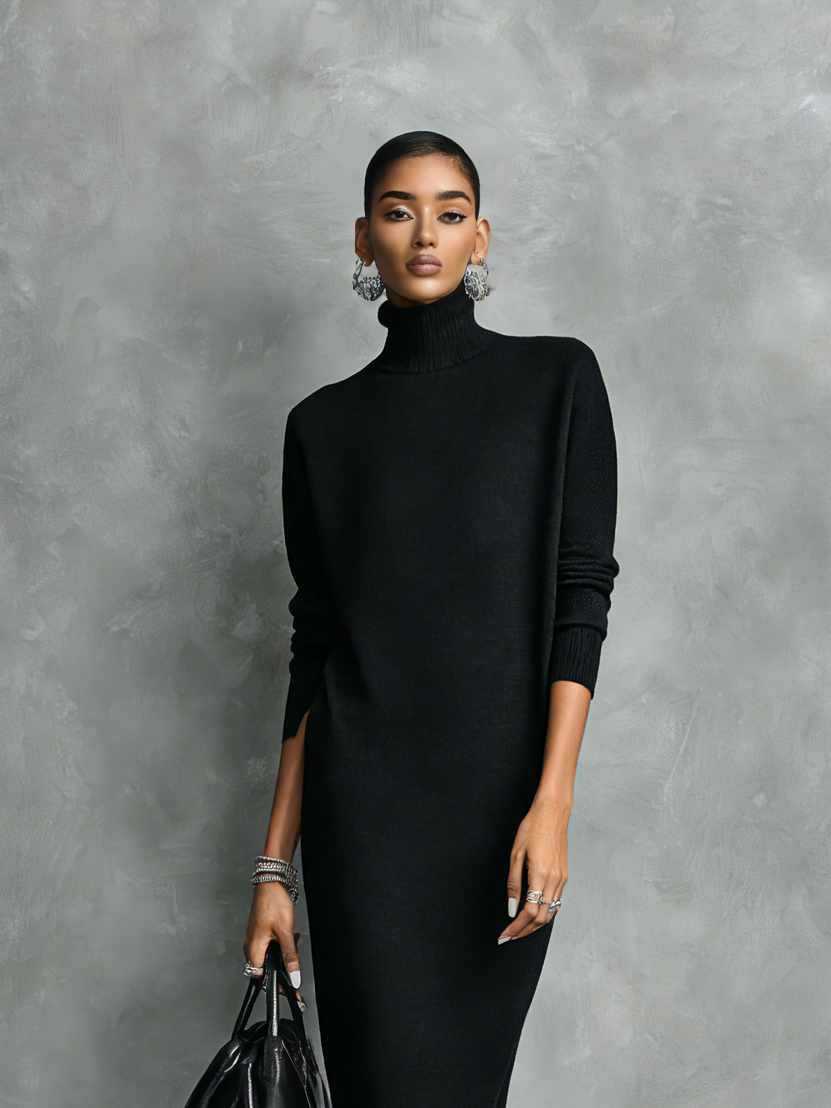 Women's Elegant Black Knitted Turtleneck Long-sleeved Loose-fitting  Midi Dress With No Pockets