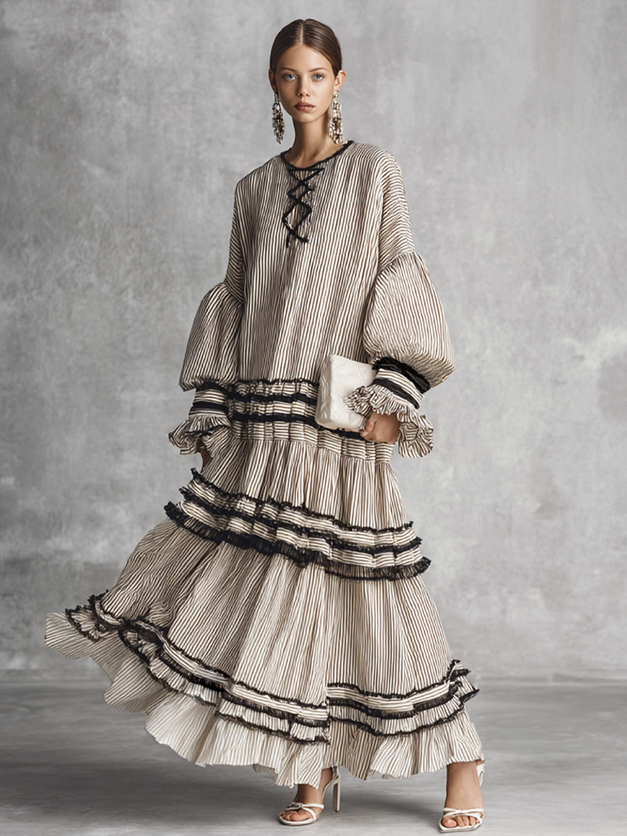 Women's Boho Striped Ruffle Tiered Cotton Blend Long Sleeve Maxi Dress