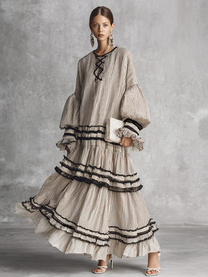 Women's Boho Striped Ruffle Tiered Cotton Blend Long Sleeve Maxi Dress