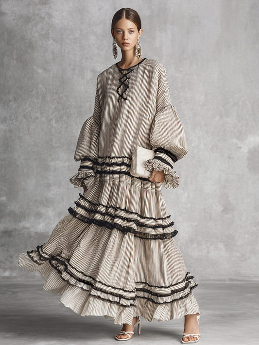 Women's Boho Striped Ruffle Tiered Cotton Blend Long Sleeve Maxi Dress