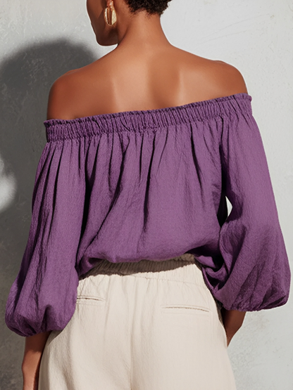Women's Casual Style Purple Cotton And Linen Off-shoulder Long Lantern Sleeve Top