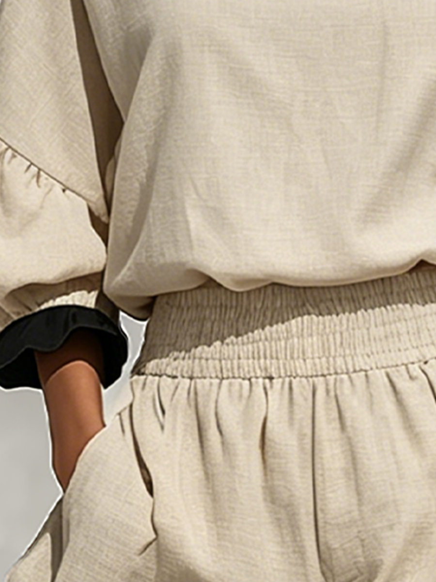 Women’s Beige Linen-Blend Contrast Ruffle Trim Long Sleeve Blouse & High-Waisted Ruffle Hem Shorts Two-Piece Set