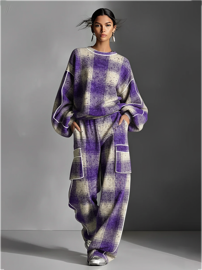Women's Red And Gray Plaid Brushed Distressed Street Style Color-Blocked Piping Pantsuit Set