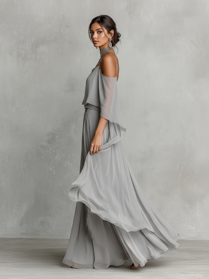 Women's Grey Breathable Chiffon Set With Cold-Shoulder Detail & Flared Silhouette, Contemporary Luxury-Feminine Style Set