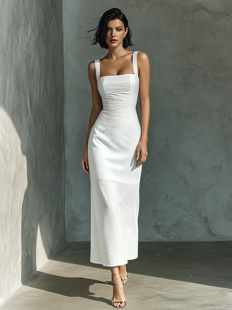 Women's Simple White Cotton And Linen Blend Sleeveless Midi Dress