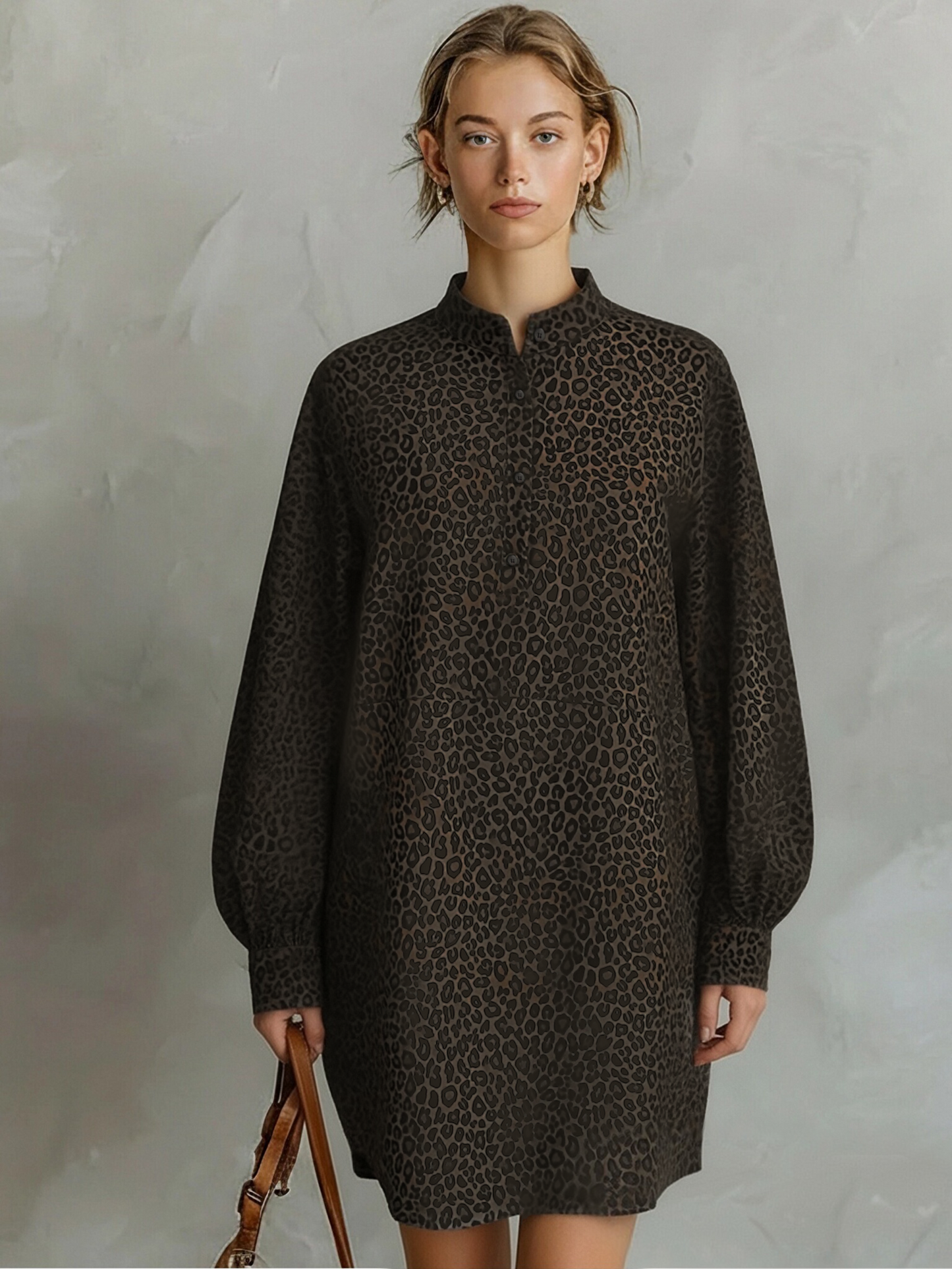 Women's Fashionable Brown Leopard Print Loose Open Neckline Long Sleeve Dress