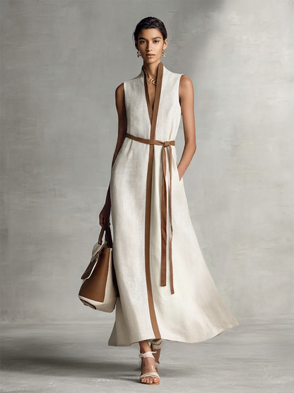 Women's Sleeveless V-Neck Tie-Waist Cotton Linen Maxi Dress