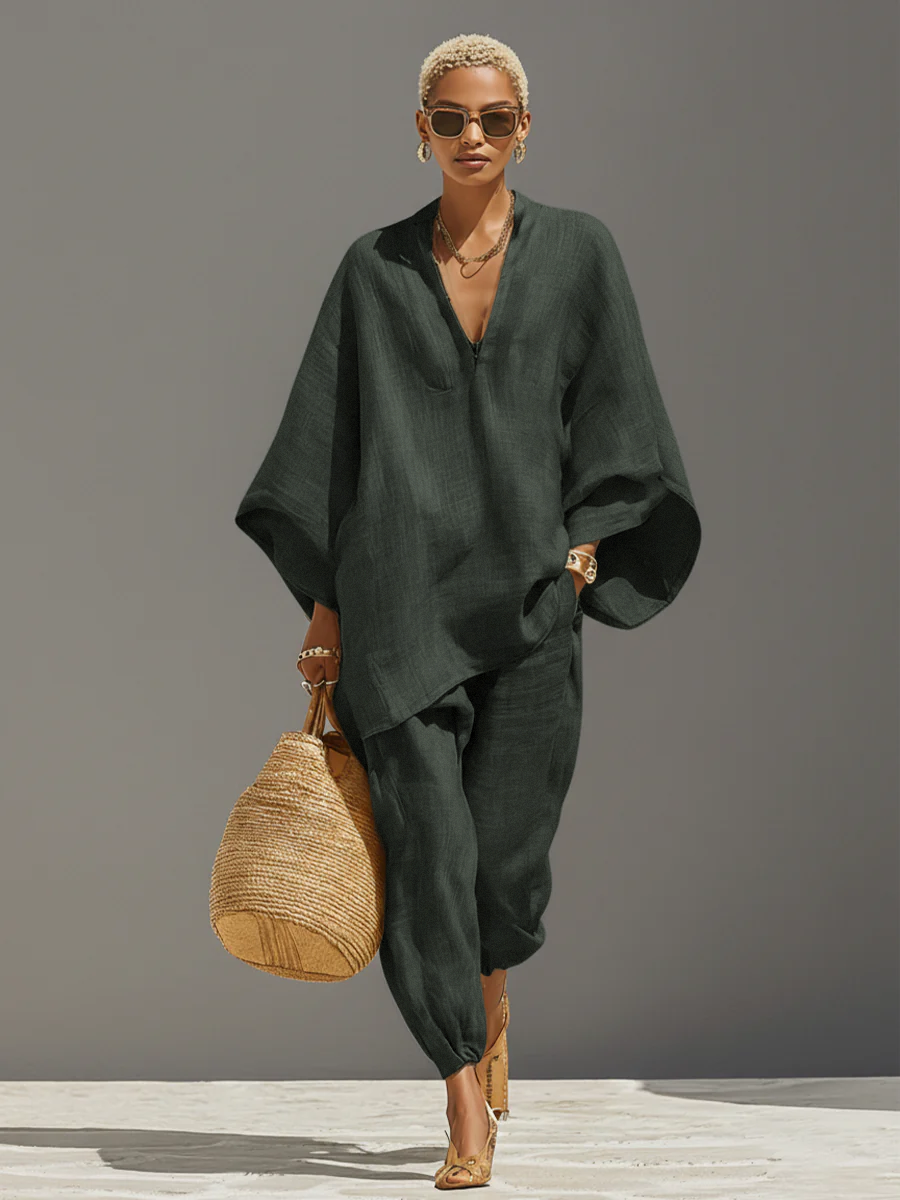 Women's Neutral Linen Set With Asymmetric Hem & Minimalist Design, Sophisticated Daily-Casual Style Set