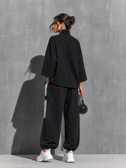 Women’s Black Cotton Knit Oversized High Neck 3/4 Sleeve Sweatshirt & Elastic Cuff Color Block White Patch Pocket Jogger Cargo Pants Two Piece Tracksuit Set