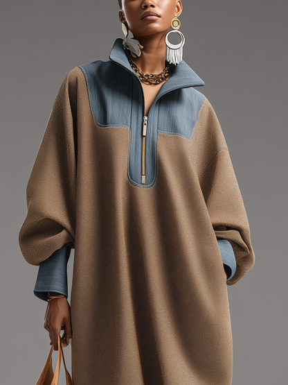 Women's Brown Double-Sided Brushing and Blue Denim Stand Collar Loose-Fitting Long Dress