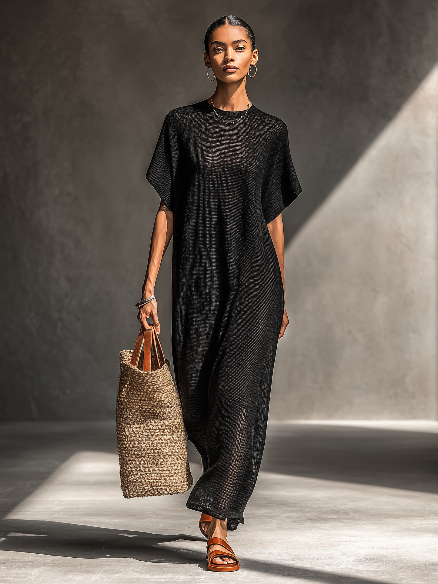 Women's Minimalist Sheer Knit Short-sleeved Maxi Dress