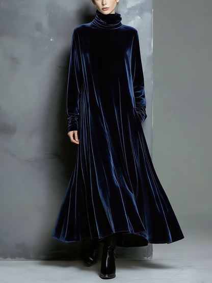 Women's Elegant Navy Blue Velvet High-neck Long-sleeved Loose-fitting Maxi Dress