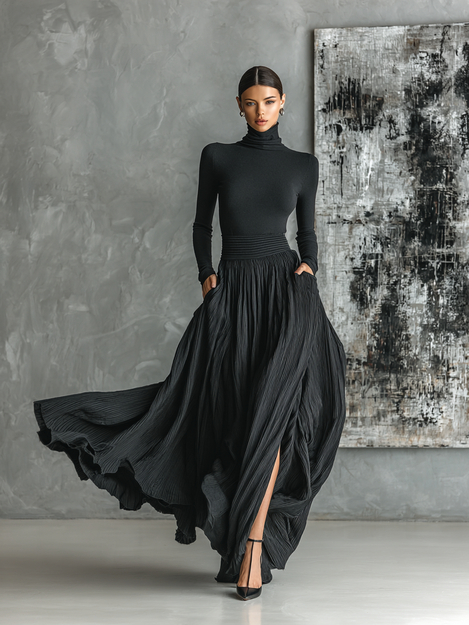 Women's Fashion All Black Skinny Turtleneck T-shirt Pleated Skirt Set