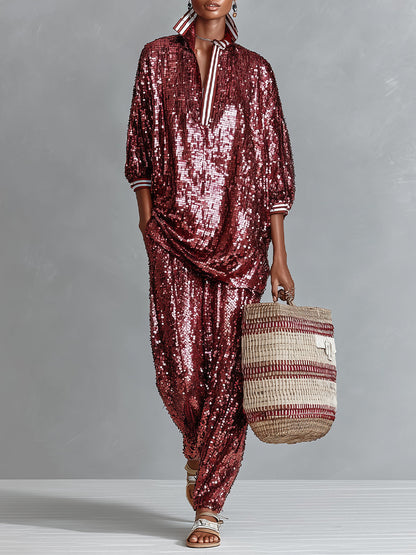 Women's Burgundy Glamorous Sequin Striped - Trimmed Oversized Loungewear Set