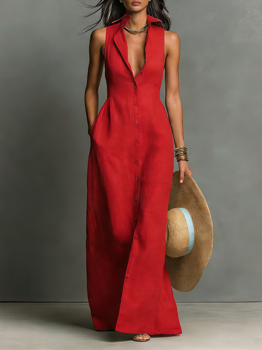 Women's Minimalist Linen-Blend Collared Single-Breasted Sleeveless Maxi Shirt Dress