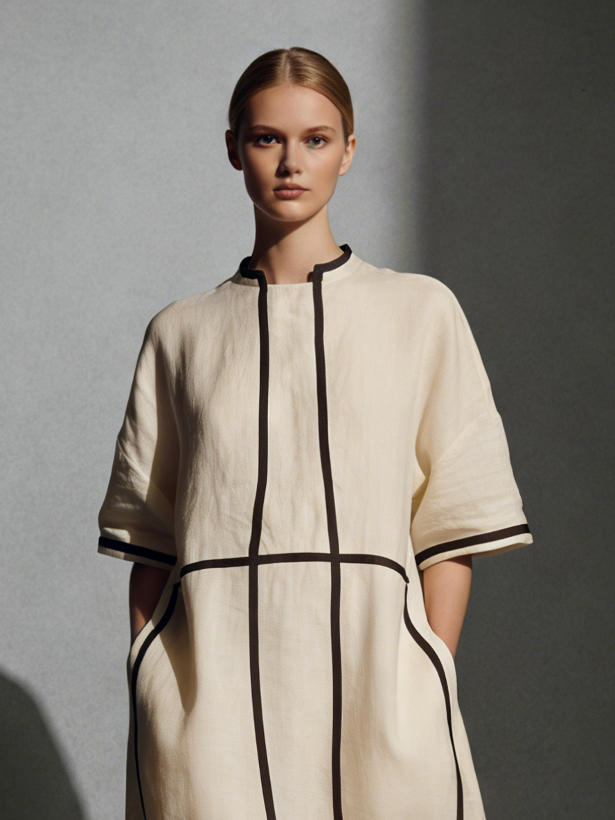 Women's Modern Linen Blend Beige Stand-Collar Half-Sleeve Contrast-Line Pocketed Maxi Dress