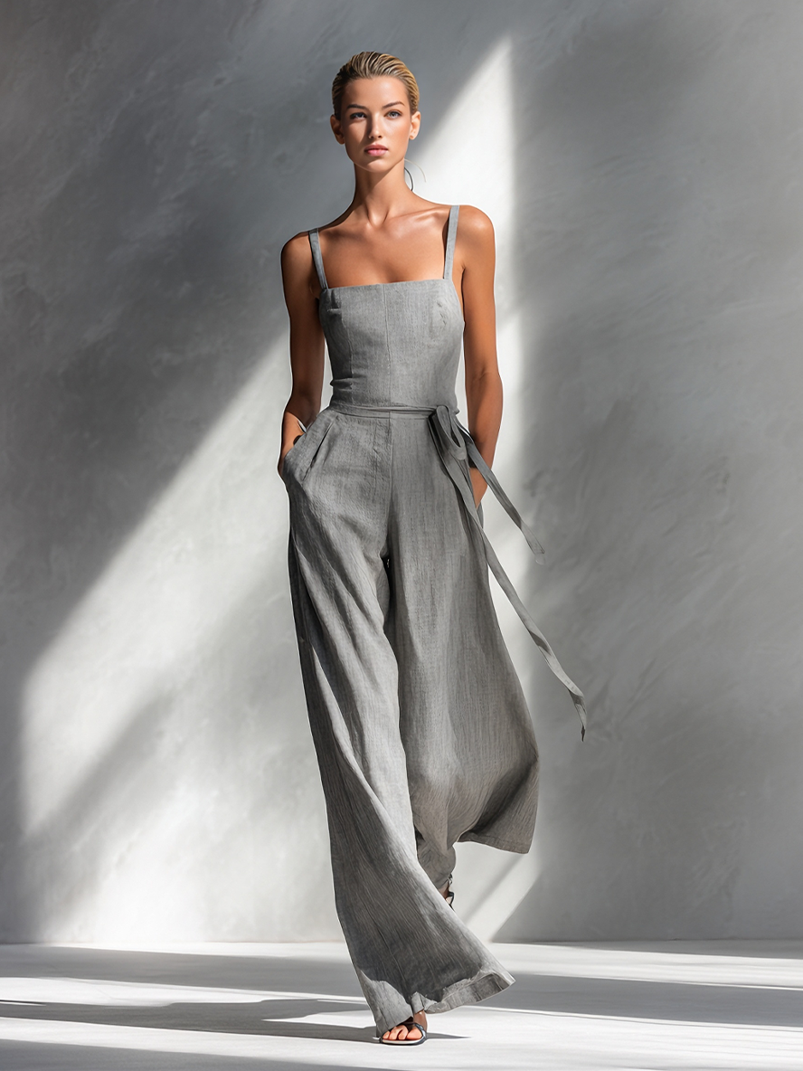 Women's Minimalist Linen Blend Gray Spaghetti-Strap Square-Neck Tie-Waist Wide-Leg Jumpsuit