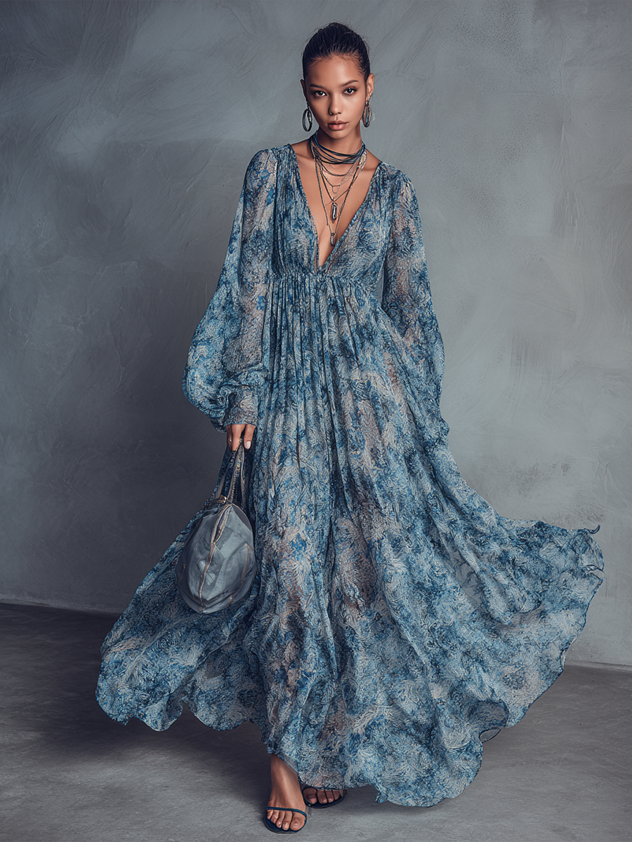 Women's Bohemian Style Blue Floral Print V-Neck Lantern Sleeve Chiffon Maxi Dress