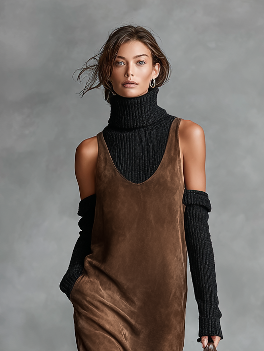 Women's Retro Simple Suede U-Neck Sleeveless Tank Midi Dress