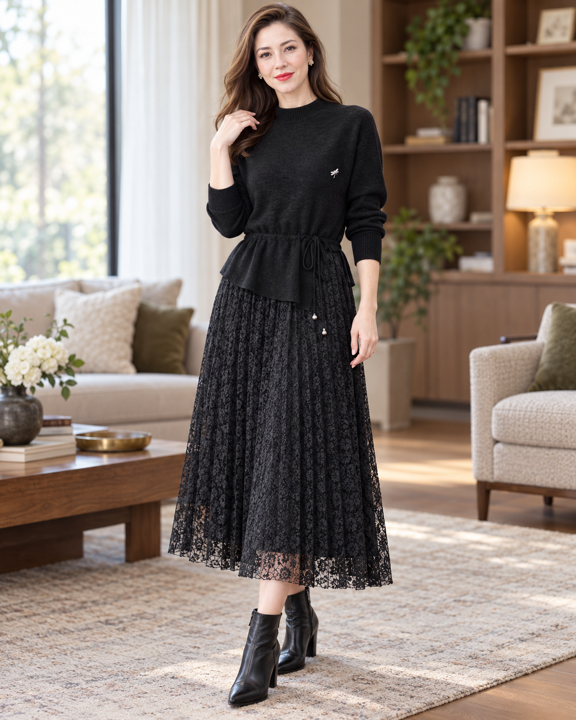 Women's Wool Sweater Dress – Tie-Waist Pleated Lace Midi Dress