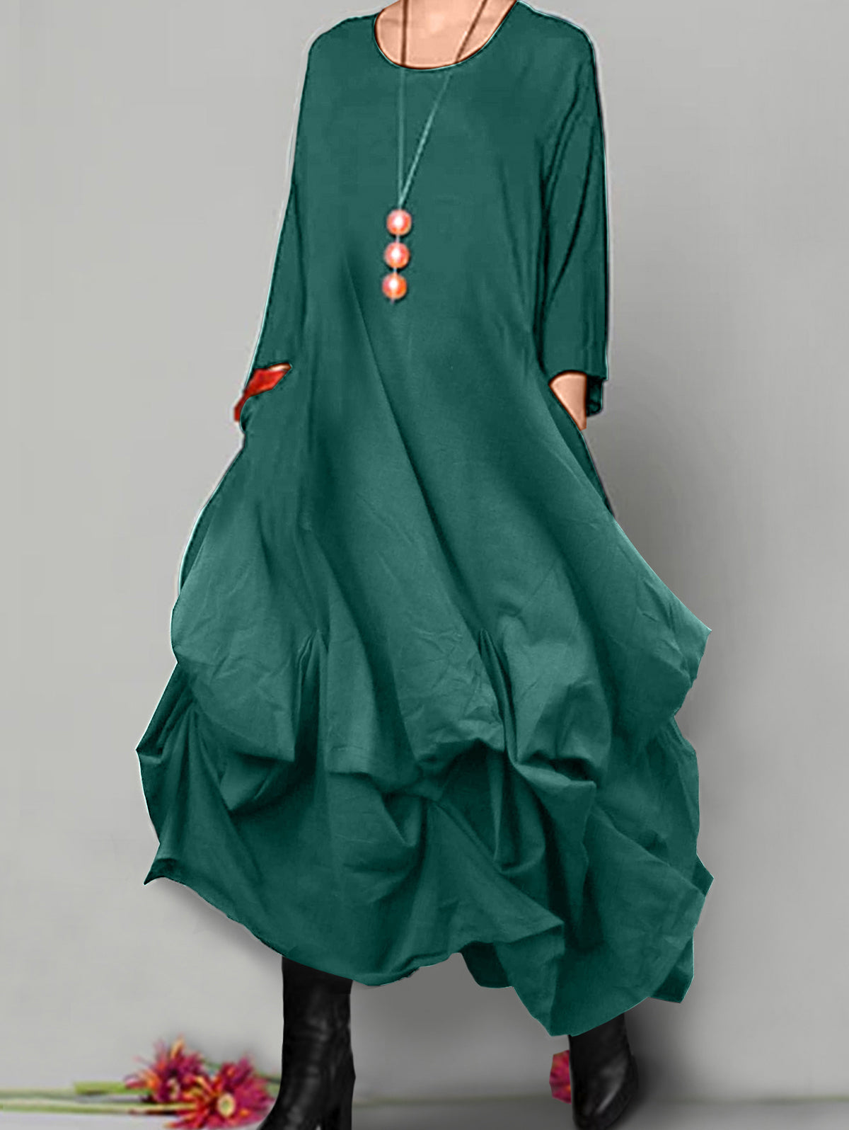 Solid Round Neck Slouchy Asymmetrical Hem Midi Dress