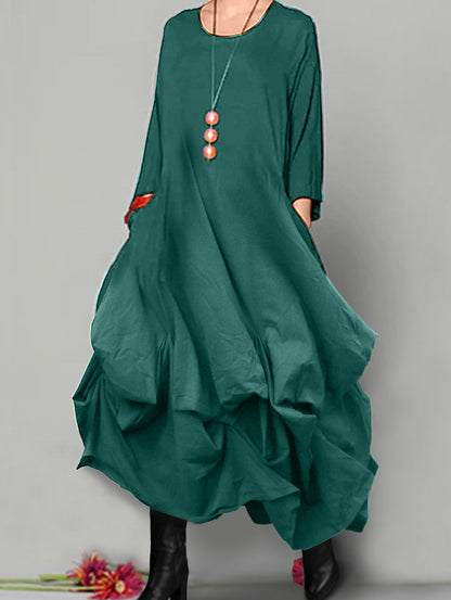Solid Round Neck Slouchy Asymmetrical Hem Midi Dress