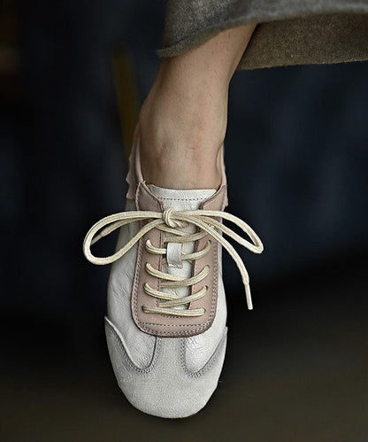 Beige Cowhide Leather Splicing Comfortable Flat Shoes Lace Up