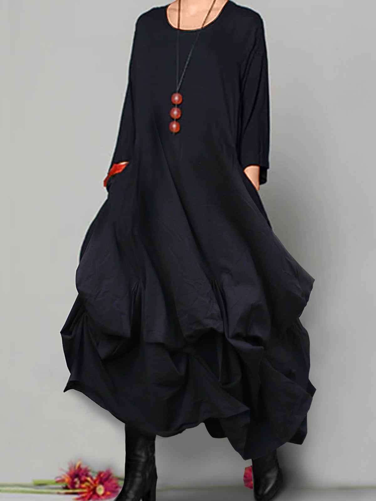Solid Round Neck Slouchy Asymmetrical Hem Midi Dress